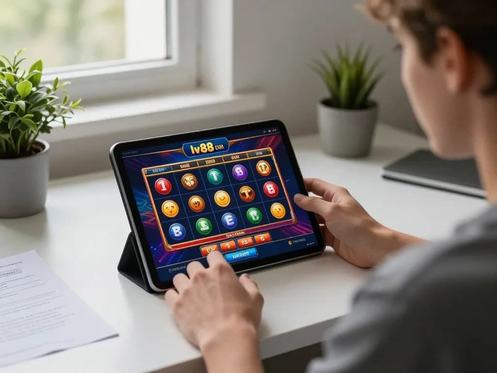Engaging with lv88 com app for slot games in a cozy home office setting.