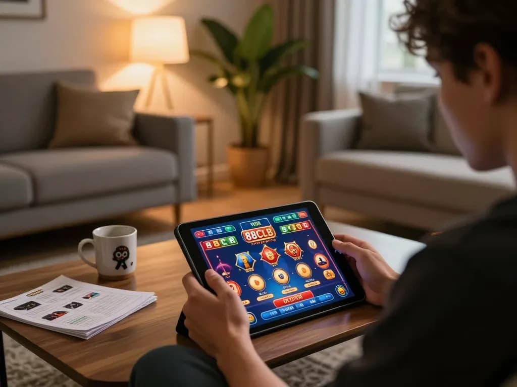 Player immersed in 88clbgo online casino gaming on tablet, showcasing vibrant game interface.