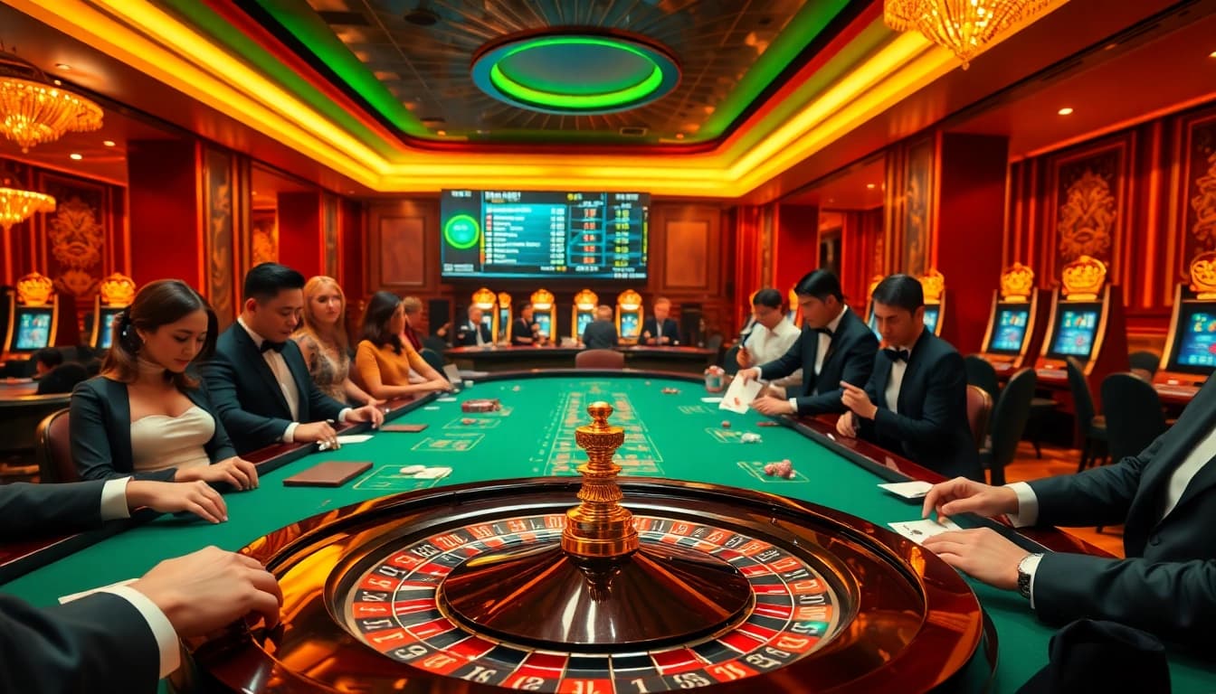 Experience vaoluoitv truc tiep bong da excitement with a glamorous casino atmosphere featuring roulette, poker, and betting.