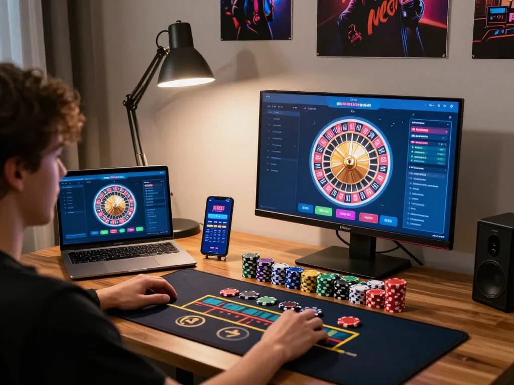 Engaging in online roulette on MM88 platform with colorful chips and laptop display