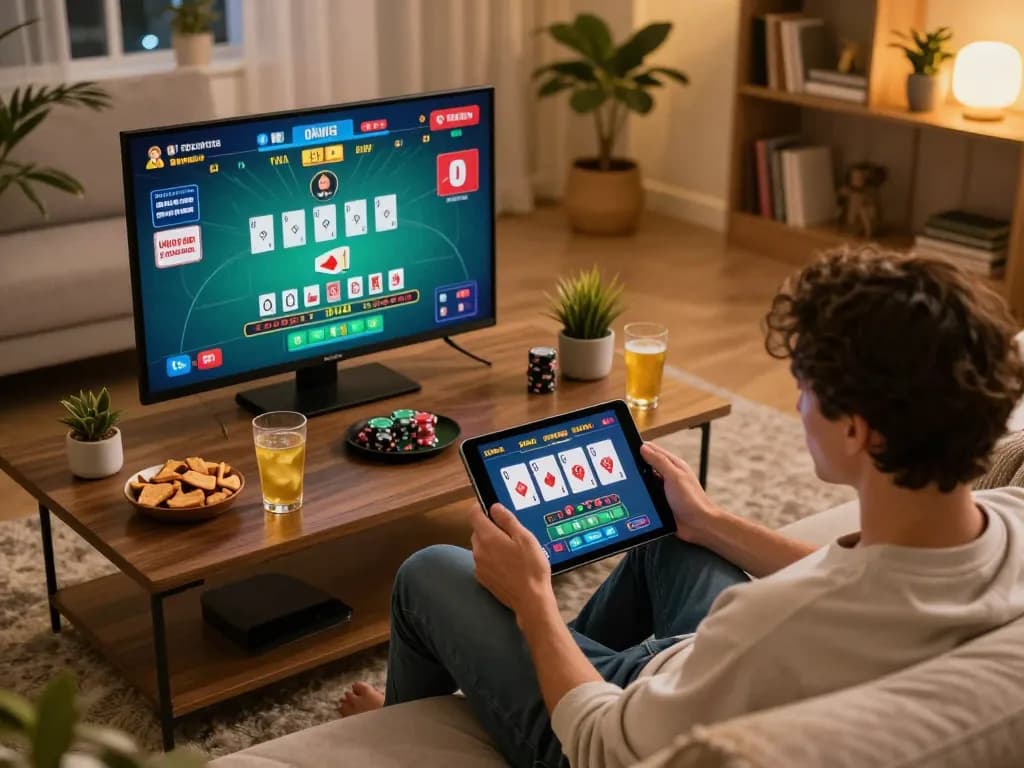 Engaged player enjoying blackjack on tablet, showcasing 79king-vn's online gaming experience