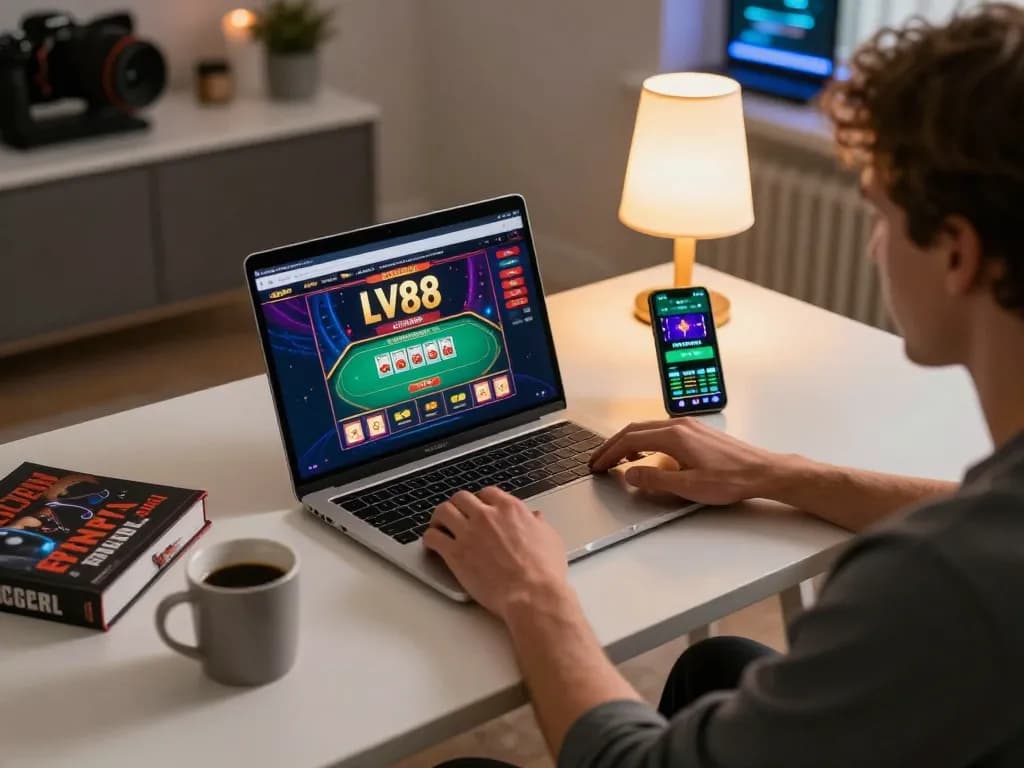 Engaging in LV88 online casino games at a modern gaming setup, showcasing strategic gameplay and comfortable atmosphere.