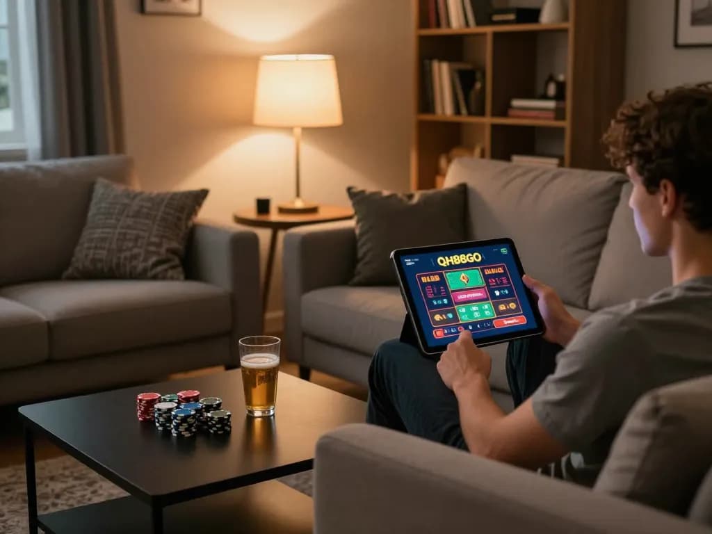 Player engaging with the QH88GO app in a cozy gaming setup at home, showcasing a relaxed online gambling atmosphere.