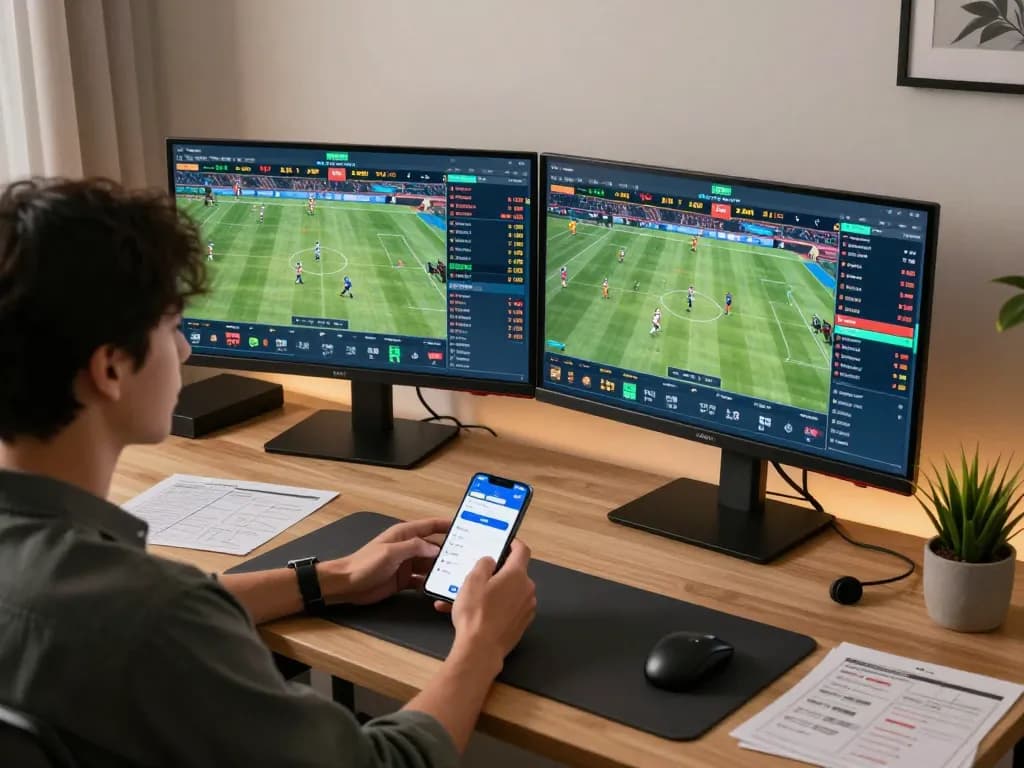 Online gaming experience with tr88 betting action on dual screens, showcasing sports odds