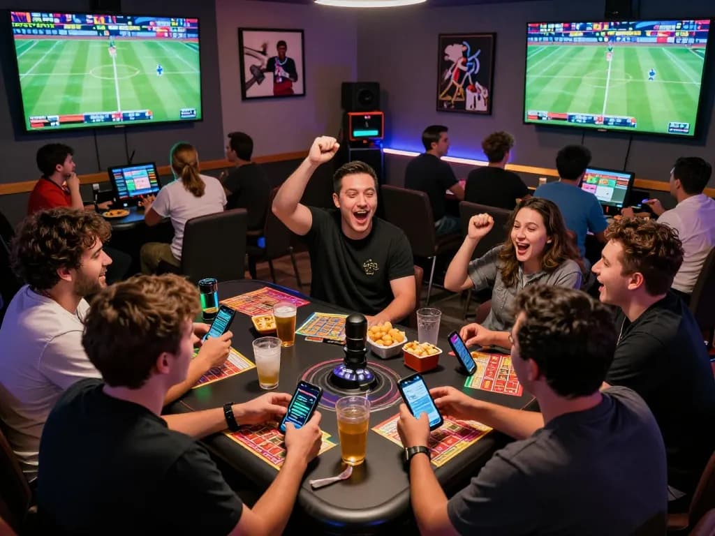 Fans betting on live sports at U888’s exciting lounge with screens displaying games.