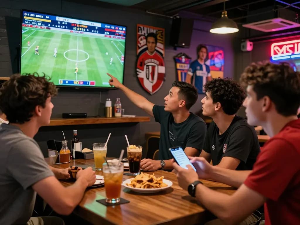 Engaging scene of friends enjoying football matches while monitoring tỷ lệ kèo bóng đá in a lively sports bar.