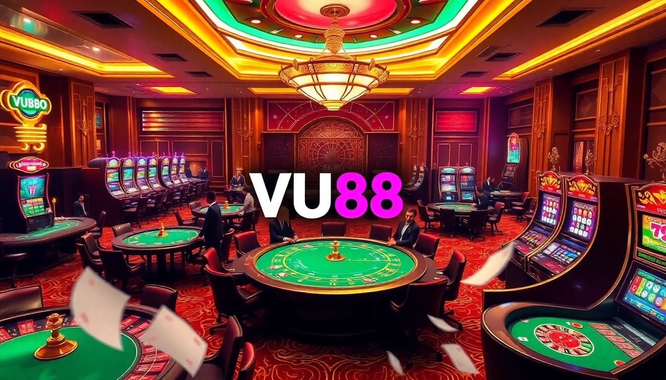 Experience the excitement of VU88 com with professional gaming tables and vibrant casino elements.