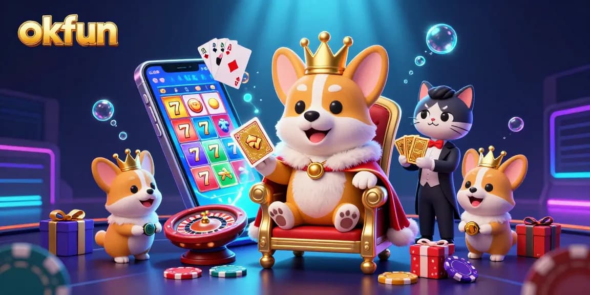 Experience the excitement of okfun with a detailed 3D illustration of royal corgi poker games and slots.