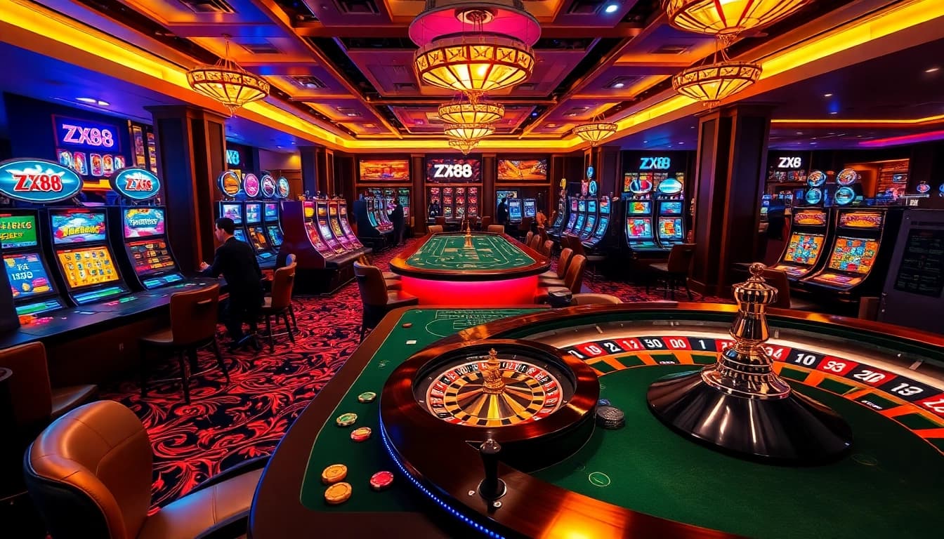 Experience thrilling gaming at ZX88 with engaging casino tables, vibrant slots, and a roulette wheel.