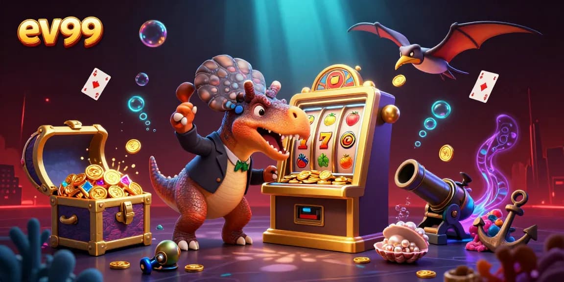 ev99 showcases a vibrant scene with a pachycephalosaurus at a golden slot machine amidst cascading coins.