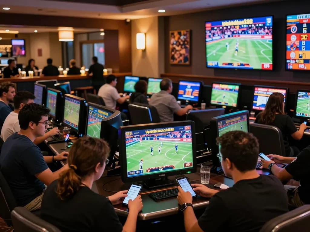 Engaged fans using mobile devices for sports betting at tylekeonhacai88 in a lively casino atmosphere.