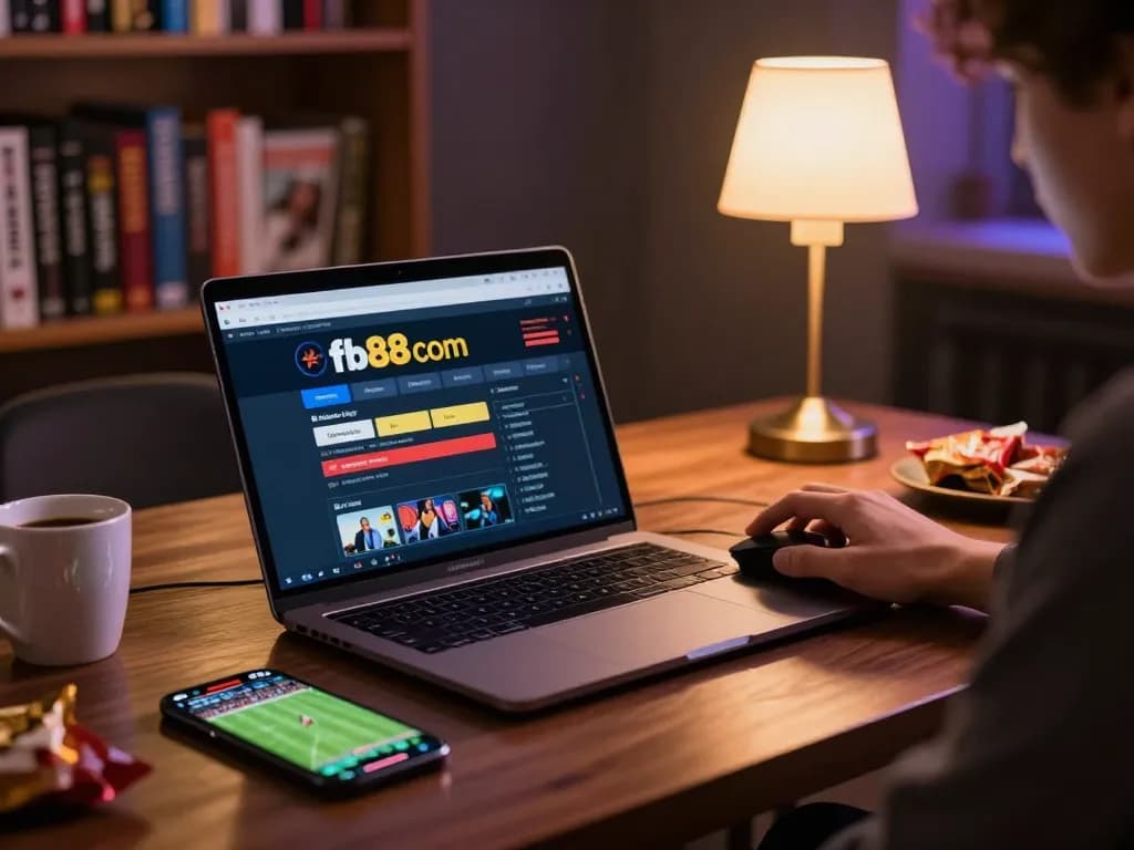 Engaging online gambling scene showing a player on fb88 com placing bets with a laptop and smartphone.