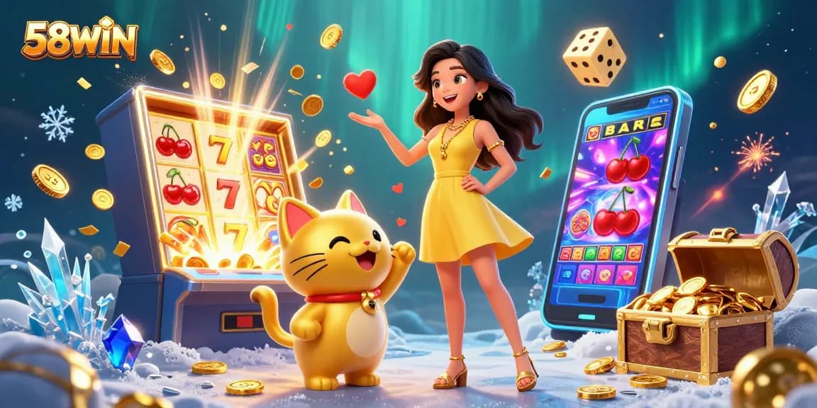 Engage with 58WIN's vibrant scene of a cheerful woman and lucky cat celebrating a jackpot!