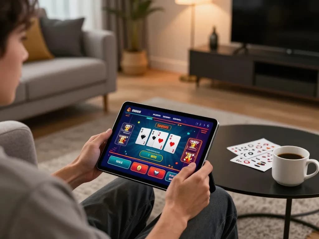 Engaging online gaming session at home with tg88 win displayed on the tablet, capturing a strategic play moment.