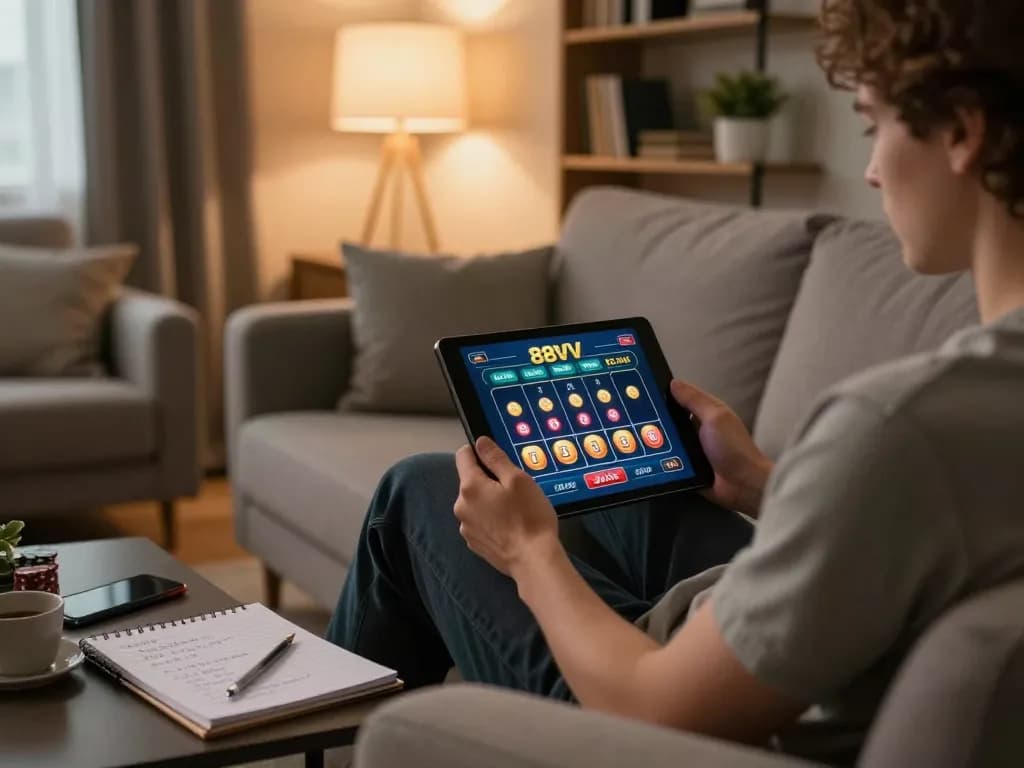 Engaging in online gambling with 88VV on a tablet in a cozy living room atmosphere that fosters responsible gaming.