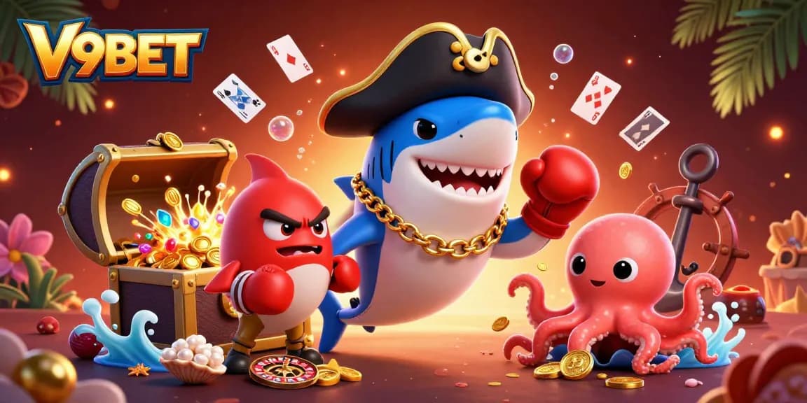 Join V9BET's thrilling casino adventure with the shark, pufferfish, and octopus amid riches.