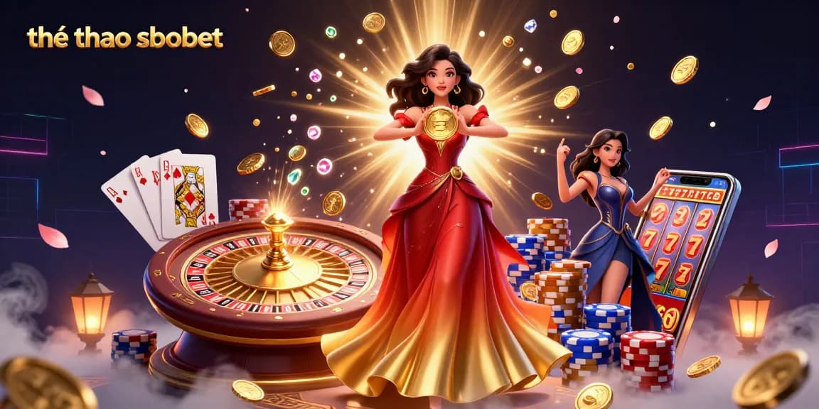 Experience thrilling thể thao sbobet sports betting action with a stunning illustration of a woman holding a golden coin amidst dynamic casino elements.