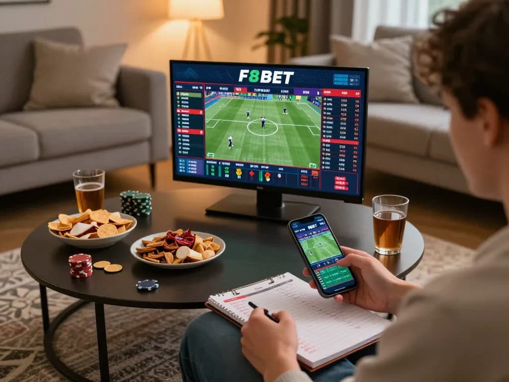 Engaged user placing live sports bets on F8BET while enjoying a cozy home setting.