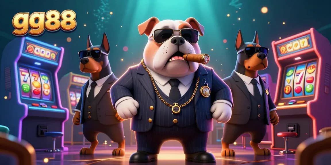 Engage with gg88's vibrant casino scene featuring a cartoon mafia bulldog and dynamic slot elements.