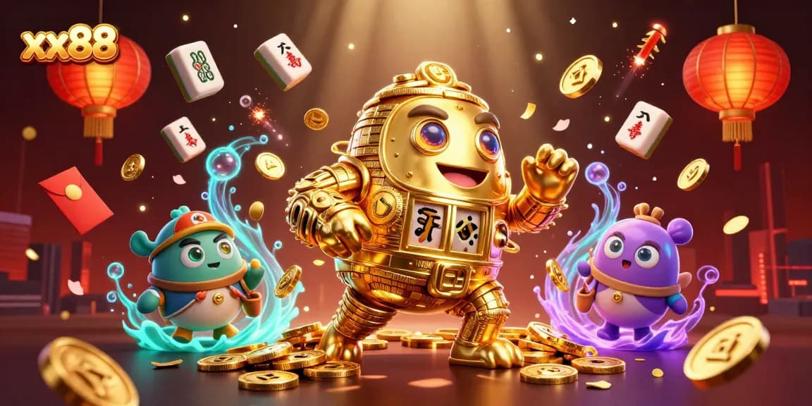 Experience the vibrant world of xx88 with dynamic slot symbols and golden golem in an exciting casino scene.