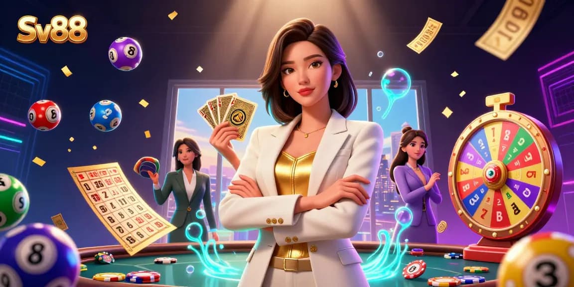 Experience thrilling gameplay with the elegant Sv88 woman holding golden cards amid vibrant casino elements.