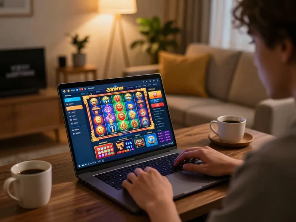 Engaging with exciting games on the 33win app in a cozy home setting, showcasing responsible gambling.