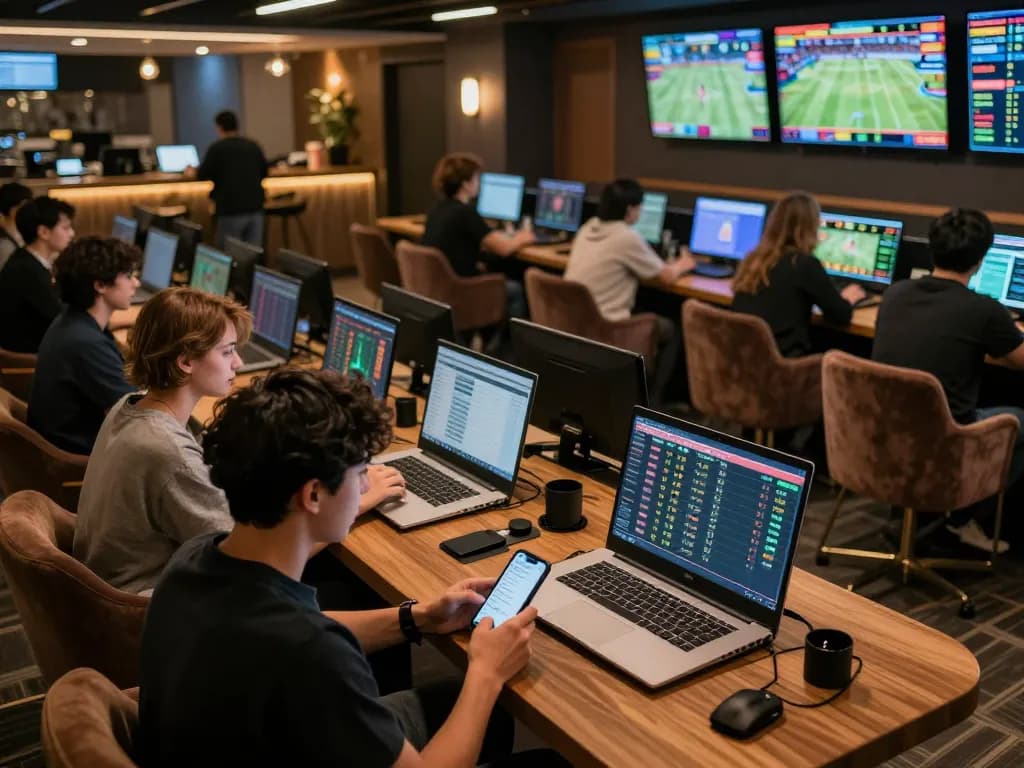 KUBET users enjoying strategic online sports betting in a modern lounge