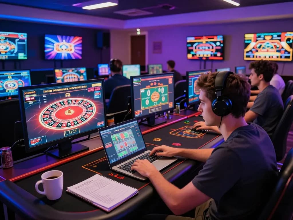 Player enjoying OKFUN roulette on a laptop in a vibrant online casino setting with strategy notes.