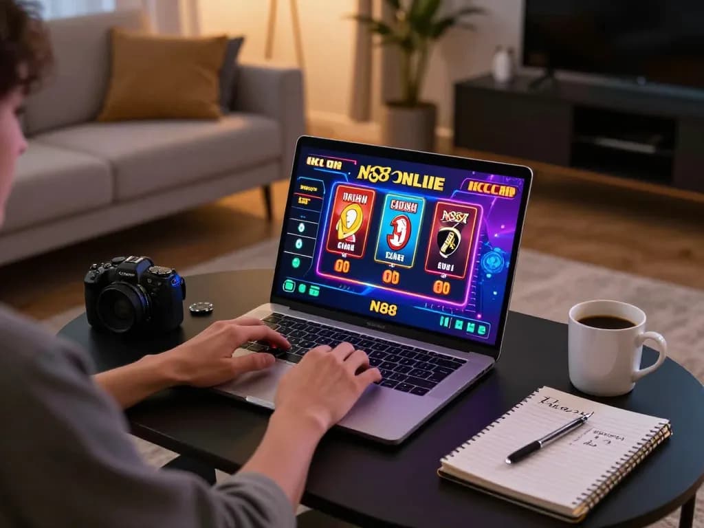 N88 online gaming experience with a vibrant setup featuring poker games and cozy lighting