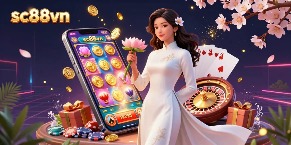 Experience thrilling gaming action at sc88vn with an elegant woman showcasing vibrant casino elements.