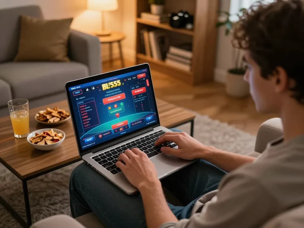 Enjoying an online gaming session at home with BL555's vibrant interface displayed on the laptop.