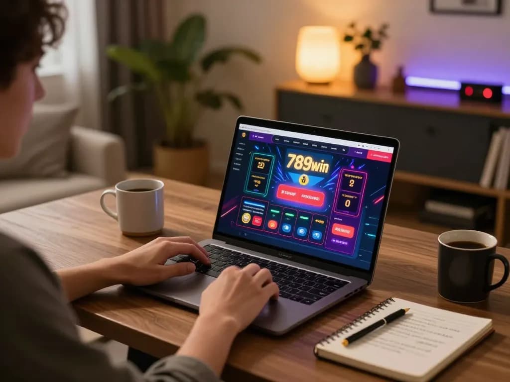 A person enjoys gaming on a laptop at home with the 789win interface visible, creating an engaging atmosphere.