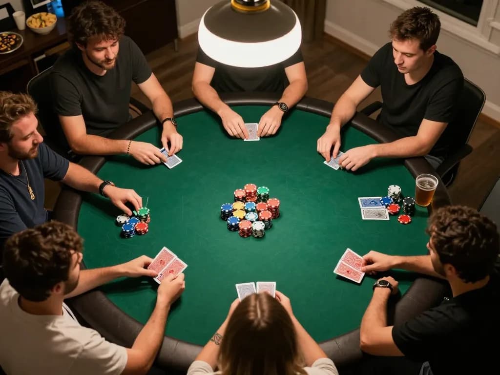 Engaged players enjoying a poker game at home showcasing keonhacaii88 strategies for social gaming.