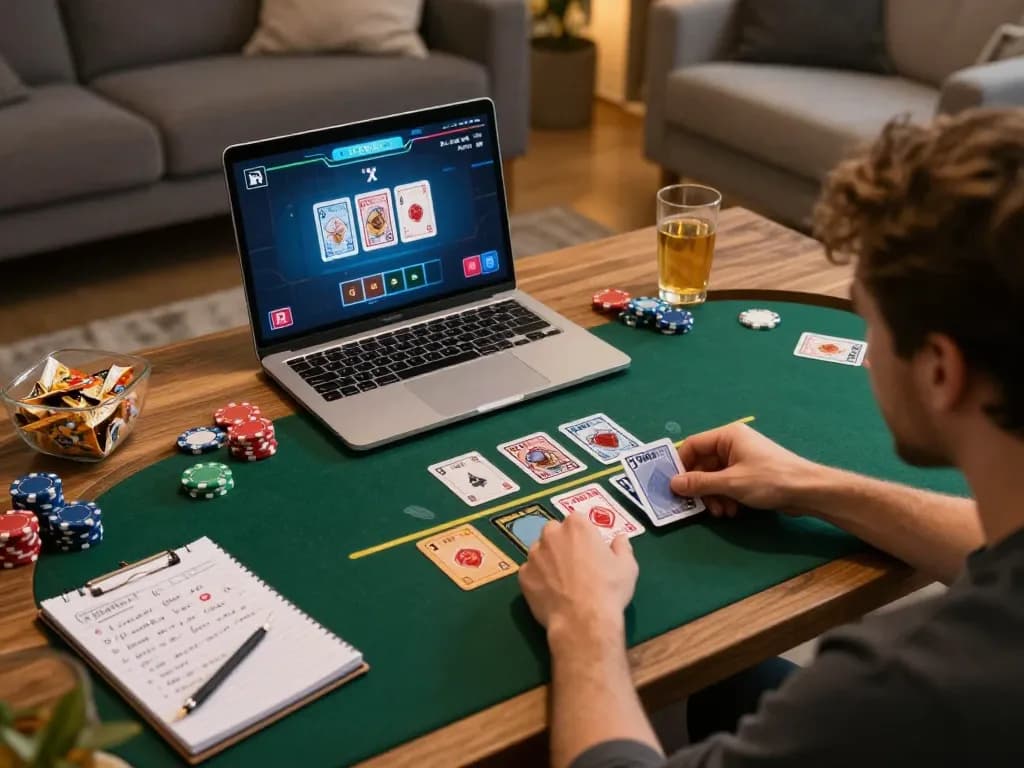 Player practices blackjack strategies while gaming online at home, fed with excitement and engagement