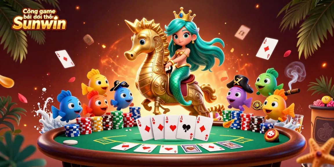 Cổng game bài đổi thưởng Sunwin with a vibrant 3D cartoon scene featuring a mermaid princess, poker elements, and colorful fish.