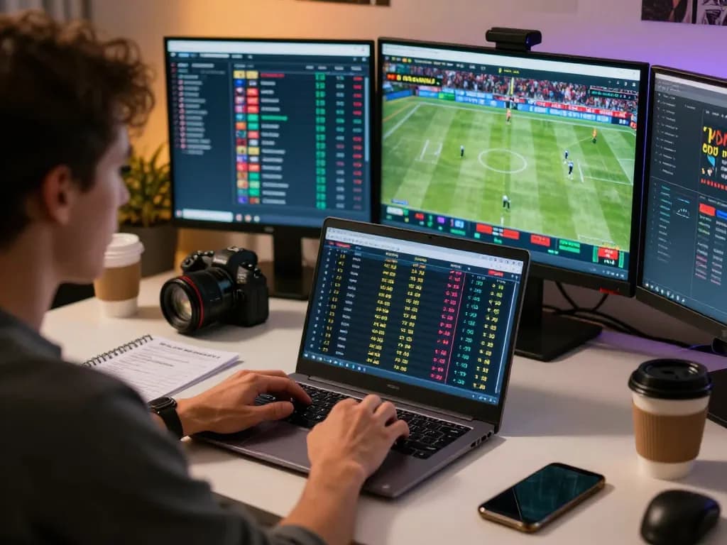 Kuwin1 sports betting scene with person analyzing odds on a laptop during live game events.