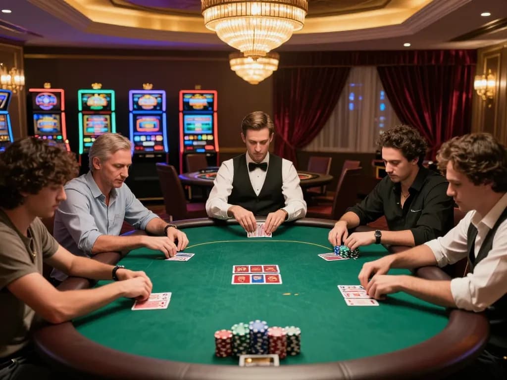Sunwin players enjoying a thrilling poker game, intensively strategizing and betting at a luxury casino.
