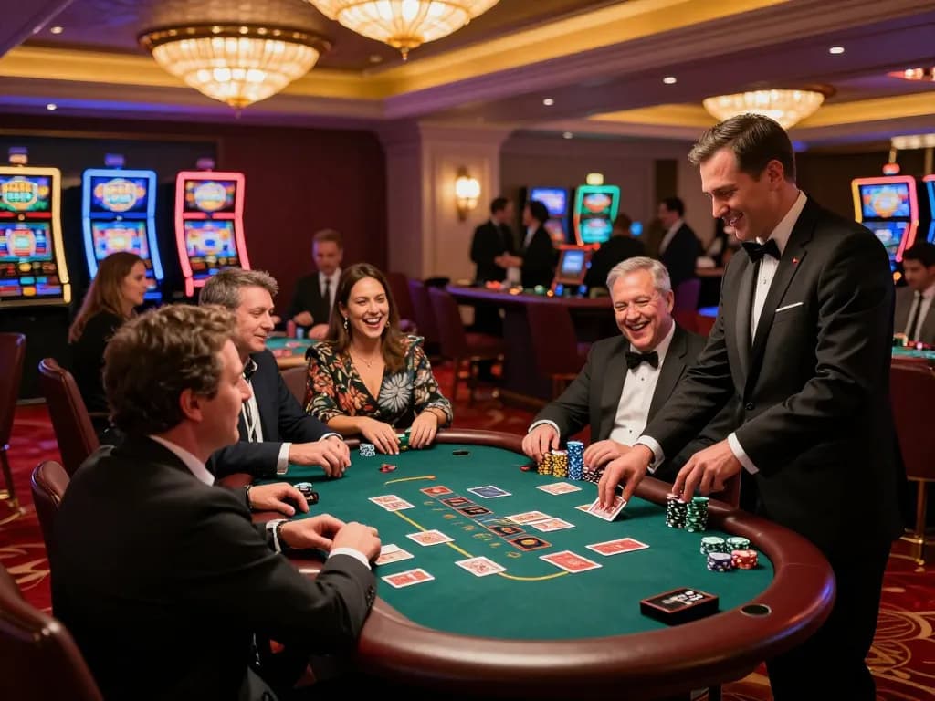 Players in action at GO8's luxurious blackjack table, immersed in the thrill of the game while enjoying casino ambiance.