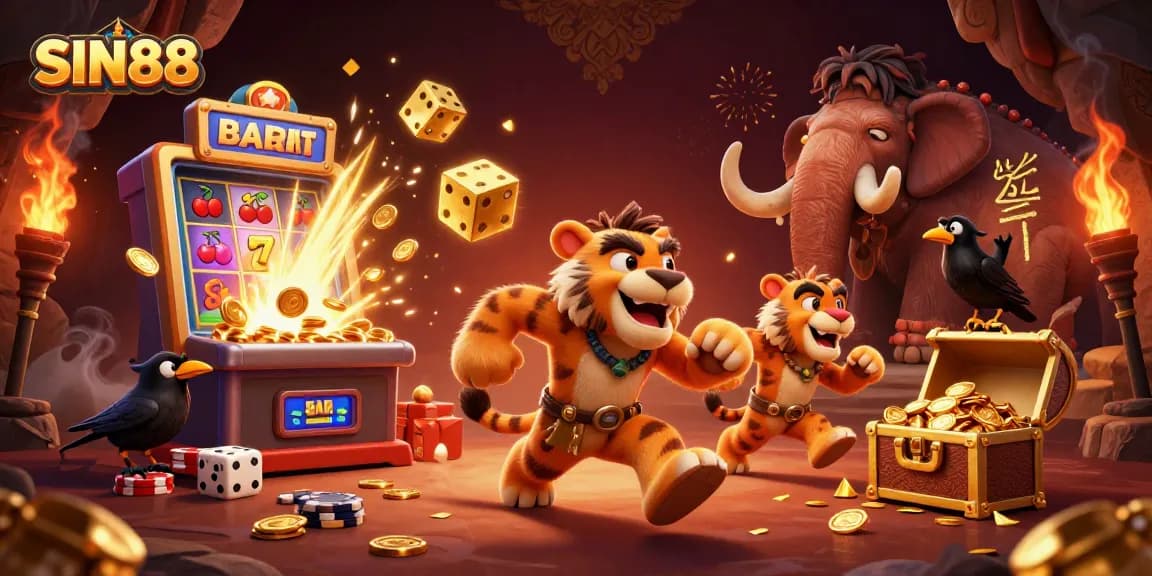 Experience the thrill of SIN88 with a colorful 3D casino scene filled with captivating game elements.