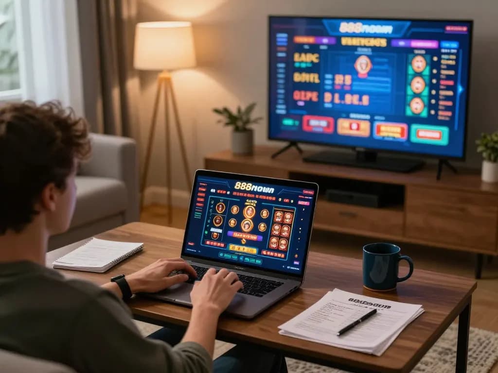 Engaging in online gaming at 888now com with laptop in stylish living room.