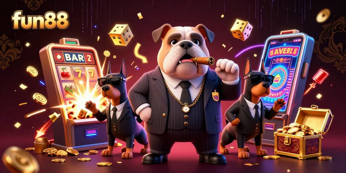 Experience excitement with fun88 as the mafia boss and bodyguards enjoy a colorful casino atmosphere.