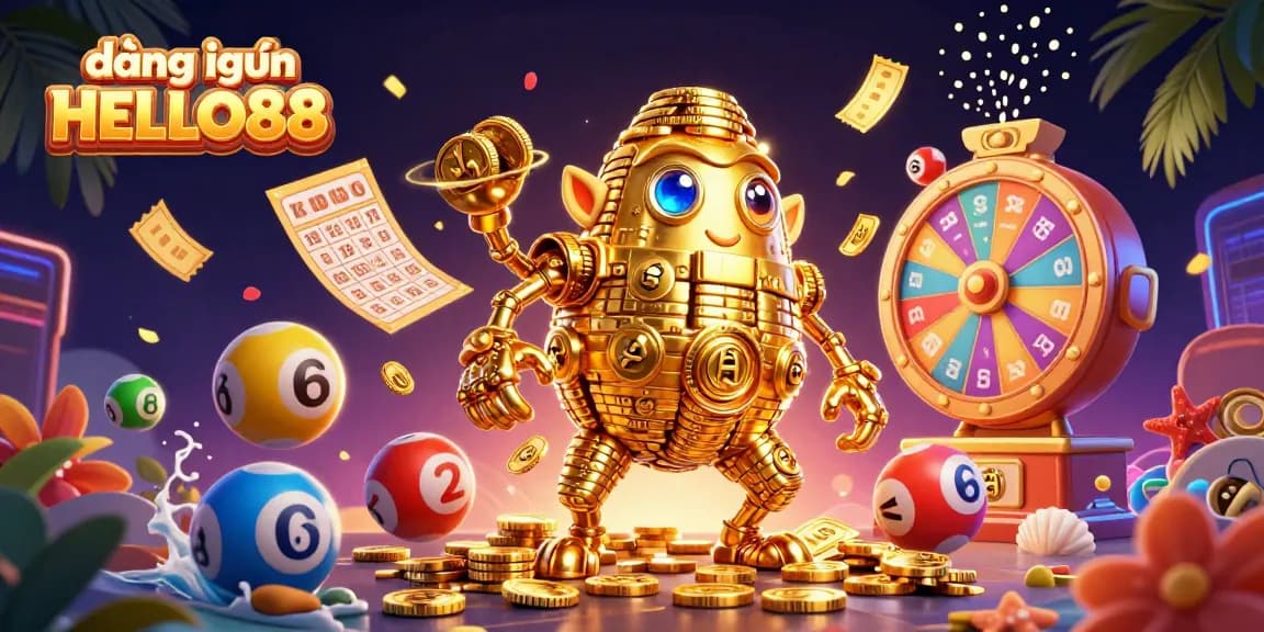 Engage with the 3D golden golem symbolizing đăng nhập HELLO88 as vibrant lottery balls and casino elements surround it.