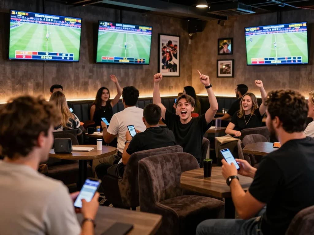 Fans engaging with sports betting apps while watching games at nhà cái nk88's vibrant venue.