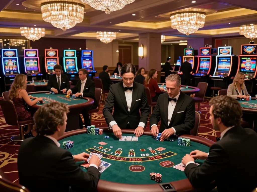 Players enjoying blackjack at red888 casino with dealers managing intense games in elegant atmosphere.