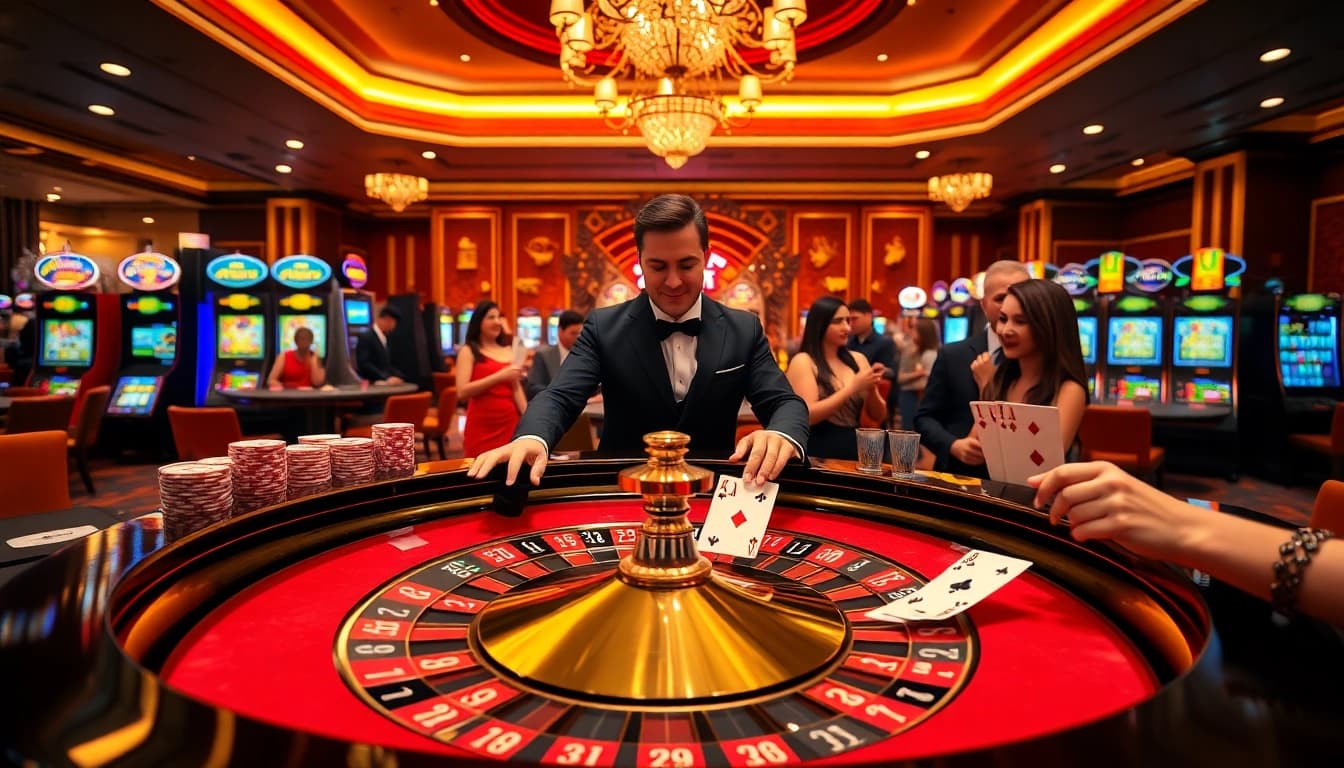 Winning at the RR99 game with vibrant chips and an engaging dealer at a luxurious casino table.