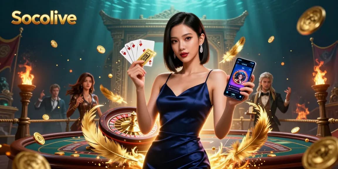 Experience Socolive's vibrant gambling scene with a confident woman showcasing casino elements in stunning detail.