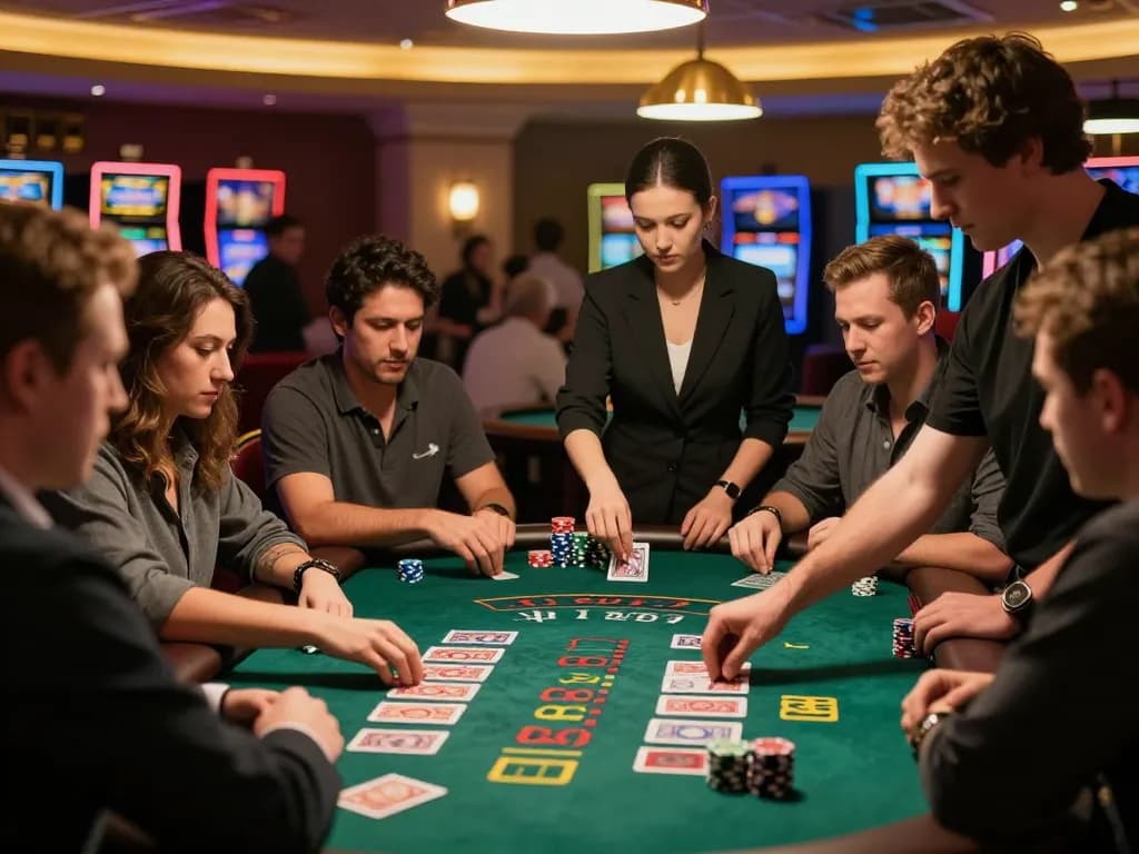 Dwin players strategizing at a blackjack table in a vibrant casino atmosphere, focused on their cards and chips.