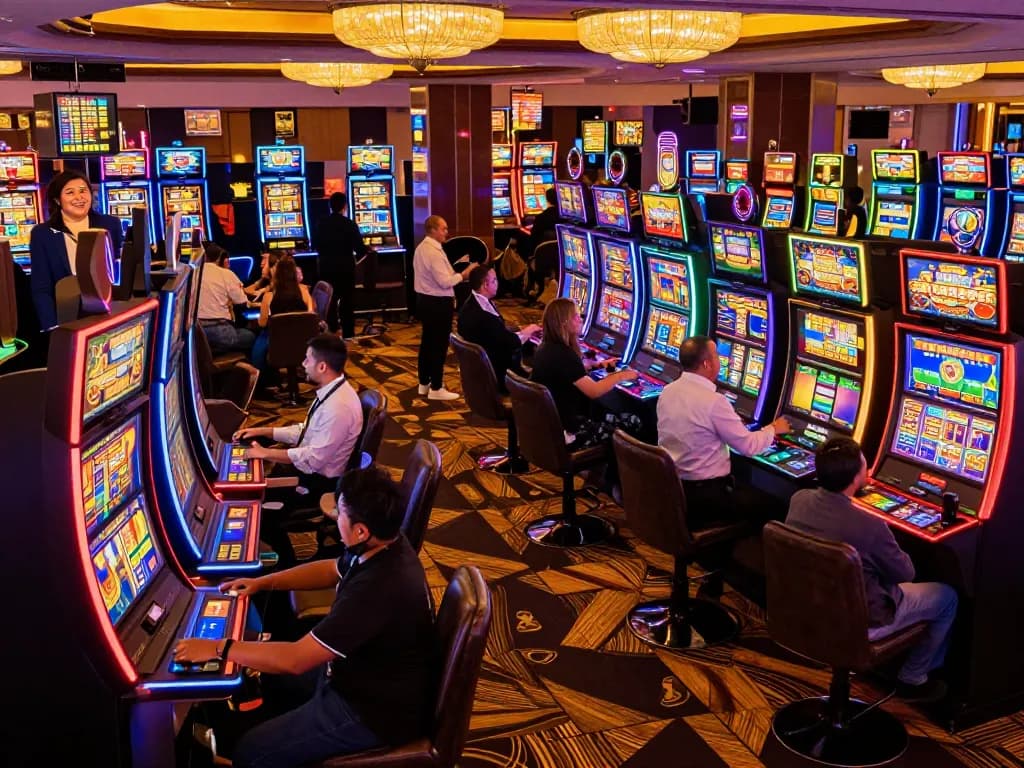 Experience the lively gaming action at kkwin2 with players enjoying the colorful atmosphere of slot machines.