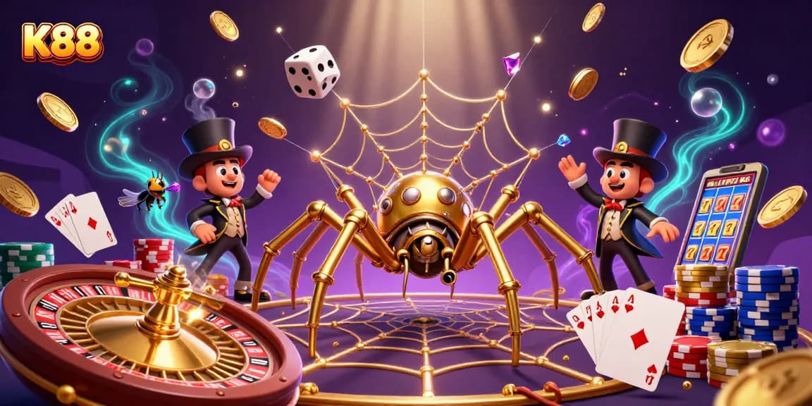 K88 captures exciting moments in a vibrant casino scene with golden coins and spinning roulette wheels.