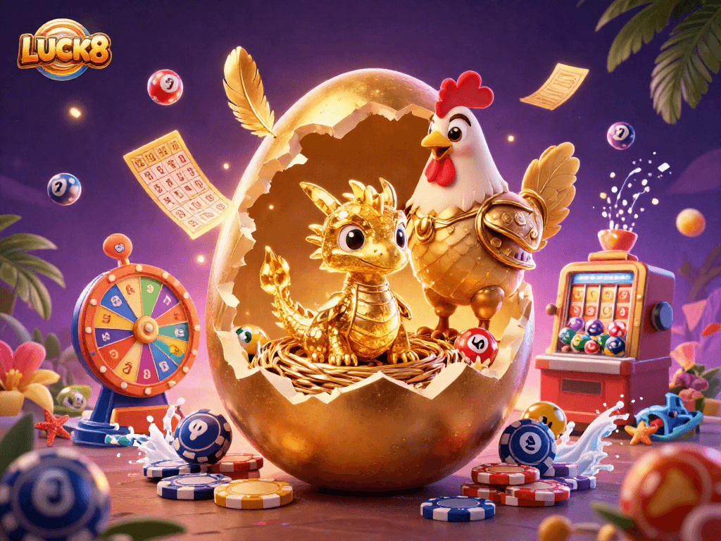 Hình ảnh LUCK8 với rồng vàng và trứng vàng, bóng xổ số và thẻ bingo đầy màu sắc.